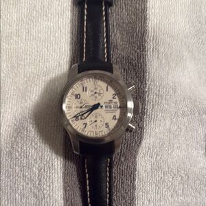 Fortis B-42 Chronograph Black Leather Strap Watch with Silver Case Off White